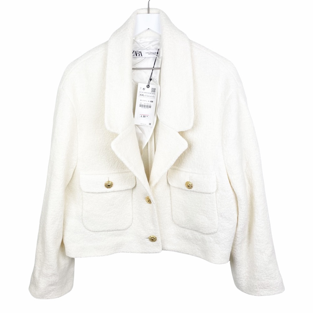 Zara Cream Cropped Bouclé Blazer with Gold Buttons